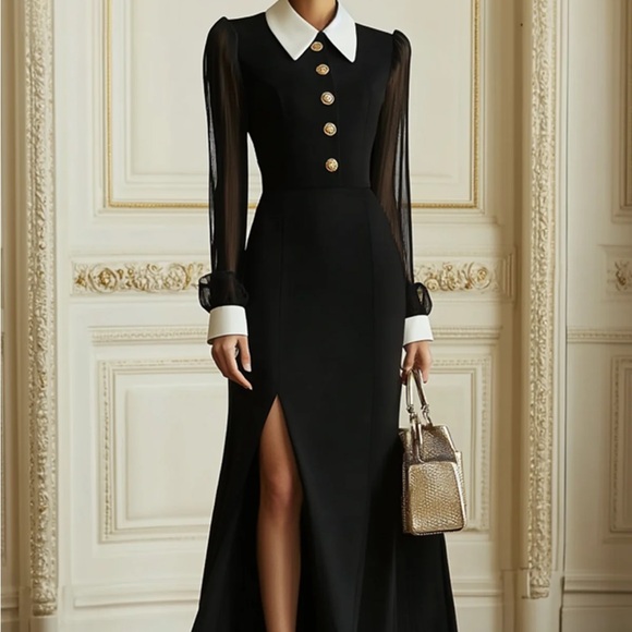 Fehaute Dresses & Skirts - Chic Black Long Sleeve Dress with Sheer Accents